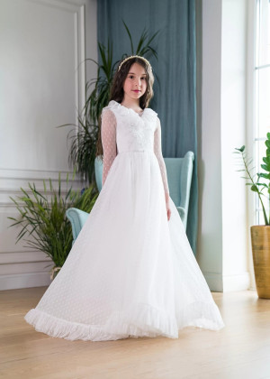 Long Sleeves Ivory Polka Dots Tulle Lace Flower Girl Dress